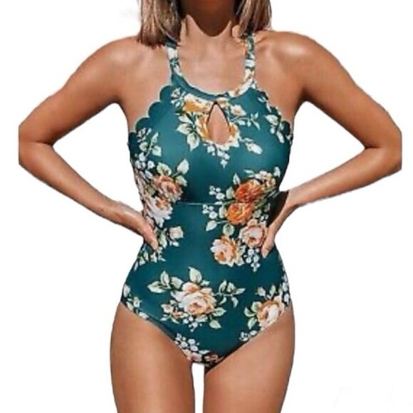Cupshe Teal Floral Scalloped Crisscross One Piece Swimsuit | size XL | NWT - Picture 1 of 11